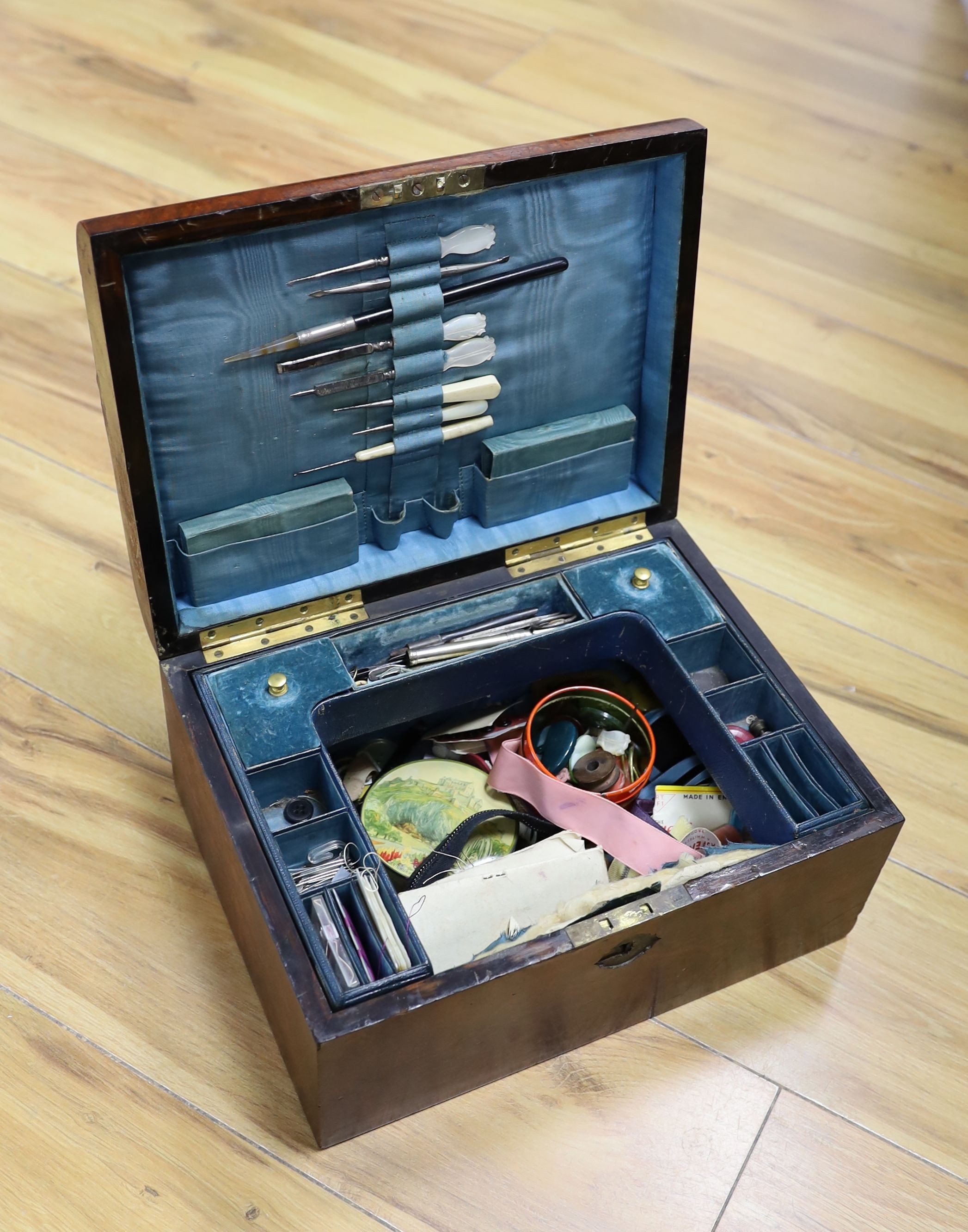 A Victorian burr walnut sewing box, 30cm, and contents